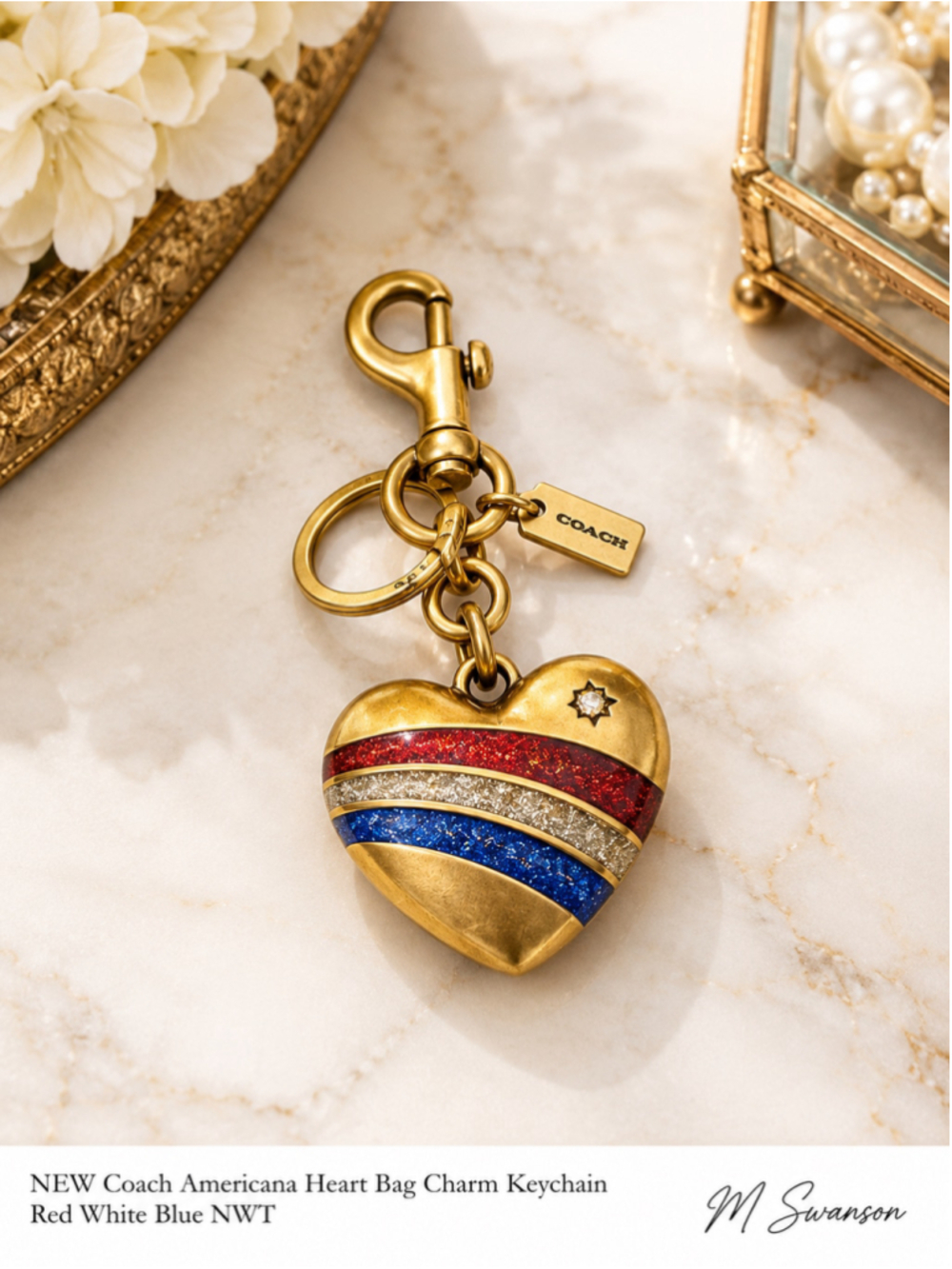 NEW Coach Americana Heart Bag Charm / Keychain Antique Brass CFX43 NWT